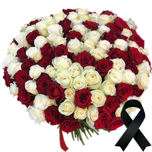 Фото товара 101 роза сердцем - белая, красная